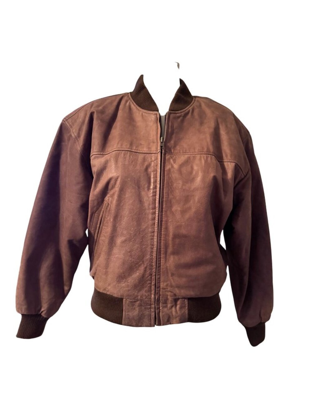 SSatori Genuine Leather Bomber Jacket Brown Ribbed Collar & Cuffs - Picture 10 of 12